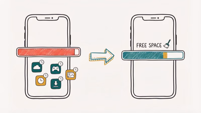 iPhone storage bar showing full capacity with apps waiting to download