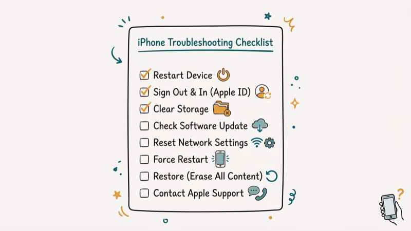 Troubleshooting checklist for iPhone app download issues with completed steps