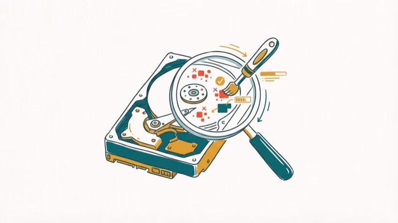 Hard drive being scanned with magnifying glass highlighting bad sectors for repair