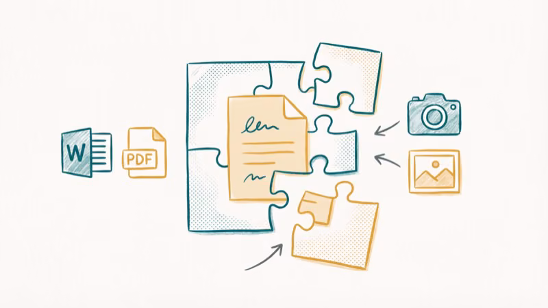 Corrupted document being pieced back together with Word PDF and photo icons