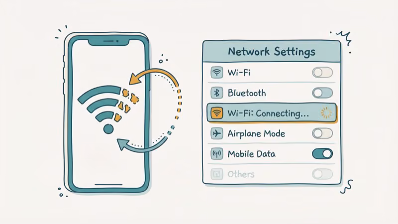 Phone showing Wi-Fi signal bars being reconnected alongside network settings panel
