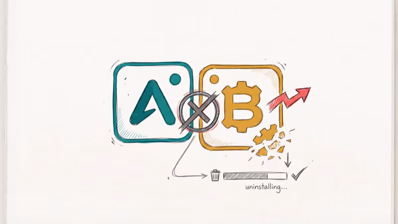 Two overlapping app icons with conflict symbol and one being uninstalled