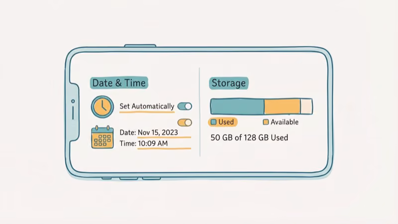 Phone date and time settings with clock and calendar alongside storage bar graph