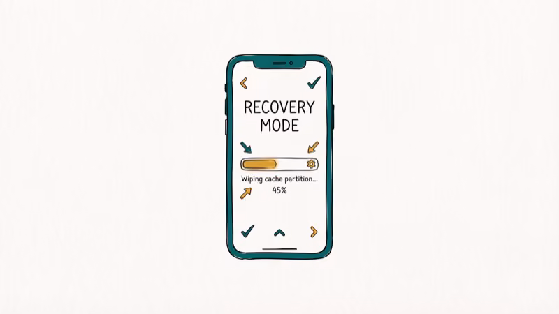 Phone in recovery mode showing system cache partition being wiped with progress indicator