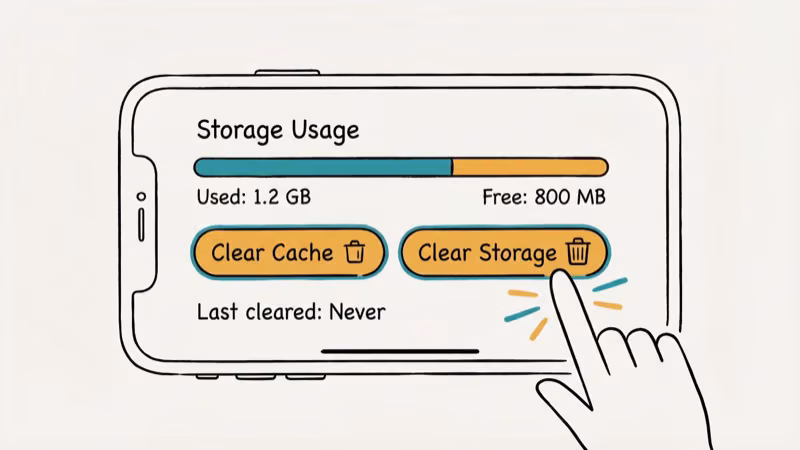 Phone app storage settings showing clear cache and clear storage buttons being tapped