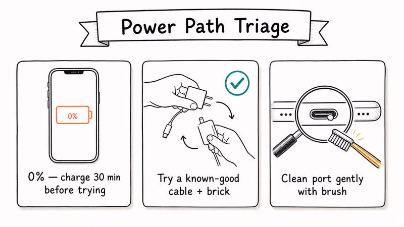 Three-card hand-drawn battery and charger triage including charger swap and cleaning the USB port.
