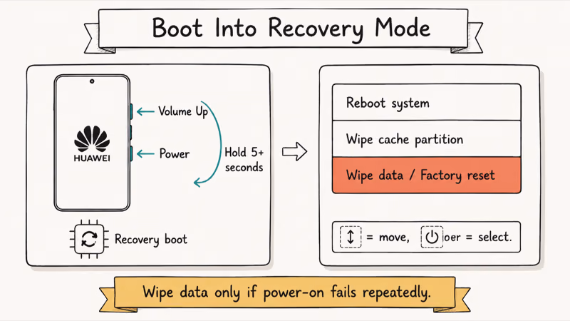 Two-frame Huawei recovery mode entry with key combo and menu options including data wipe warning.