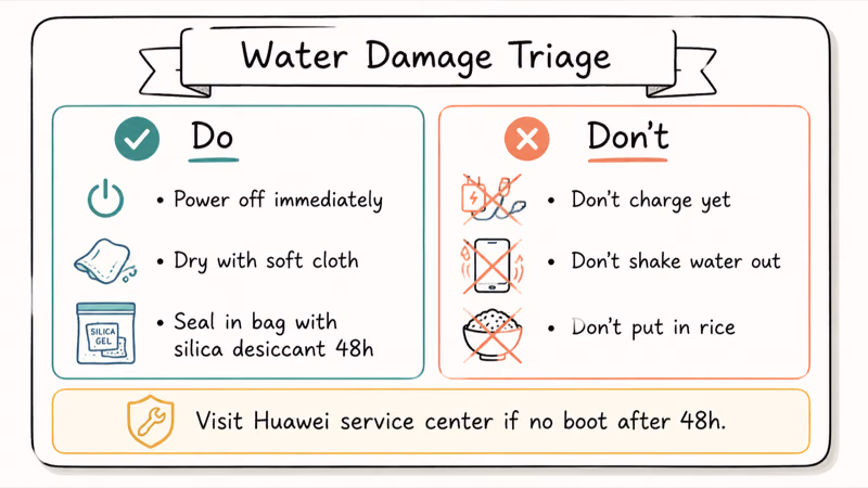 Do-and-don't hand-drawn card for handling a water-damaged Huawei phone before powering on again.