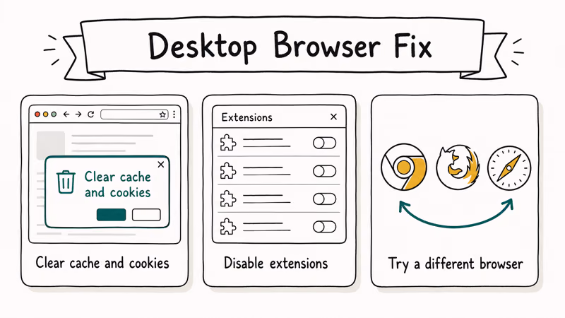 Three-card hand-drawn browser fix sequence for Instagram videos covering cache extensions and browser swap.