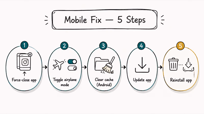 Five-numbered-node Instagram video fix sequence covering force close airplane cache update and reinstall.
