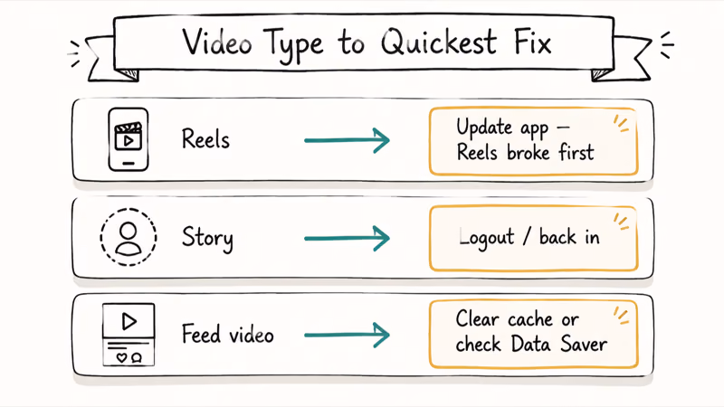 Three-row hand-drawn map of Instagram video types Reels Story and Feed each with their primary fix.