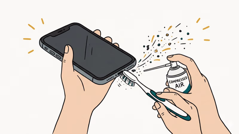 Hands using compressed air can to clean debris from iPhone charging port