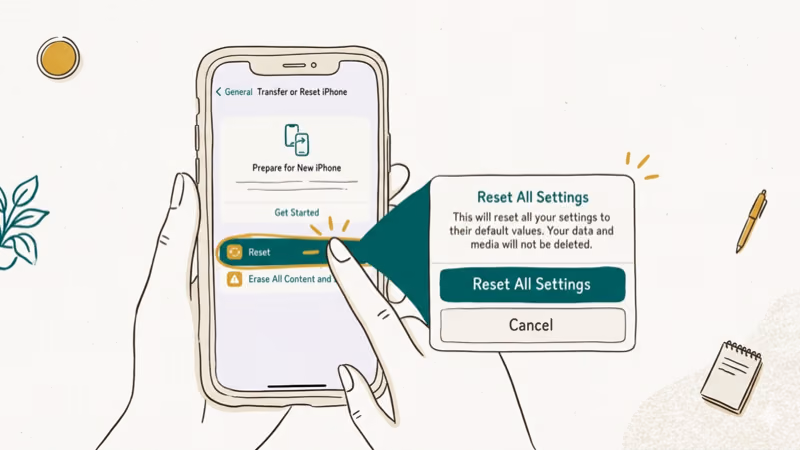iPhone Settings screen showing Reset All Settings menu path for audio fix