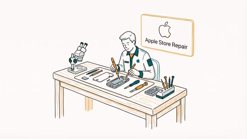 iPhone at Apple Store repair counter with technician examining camera module