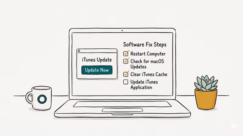 Laptop screen showing iTunes update button and checklist of software fix steps