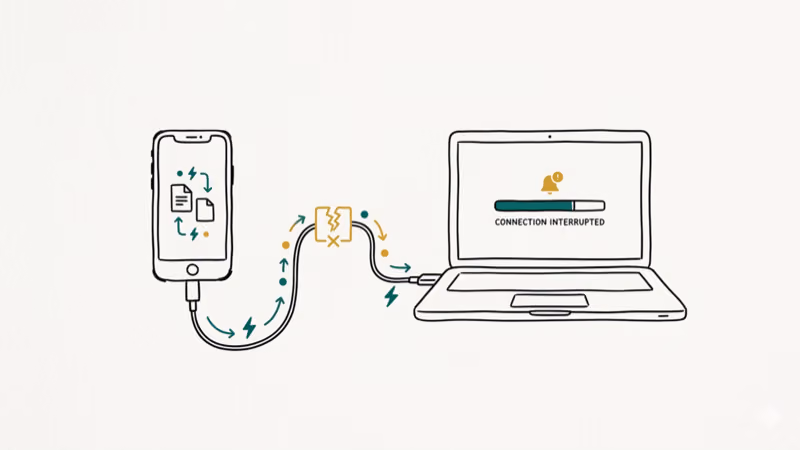 USB cable connecting iPhone to computer with broken data transfer connection icon