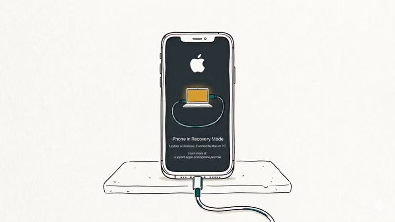 iPhone showing recovery mode screen with connect to computer icon and cable