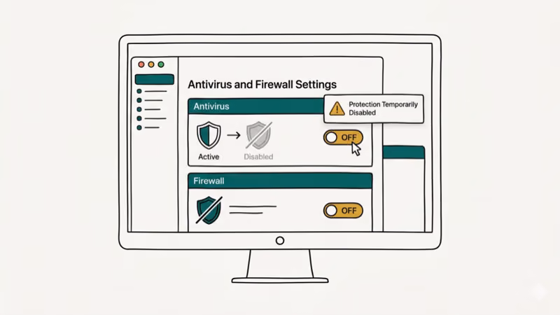 Computer screen showing antivirus and firewall settings being temporarily disabled