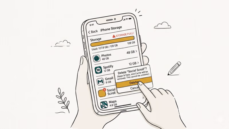 iPhone screen showing app management with problematic app being deleted and storage bar