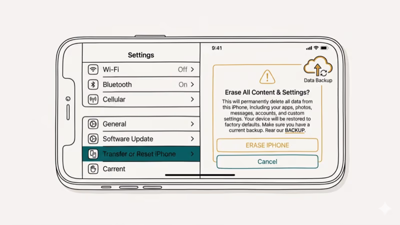 iPhone Settings screen showing factory reset option with warning dialog and backup icon