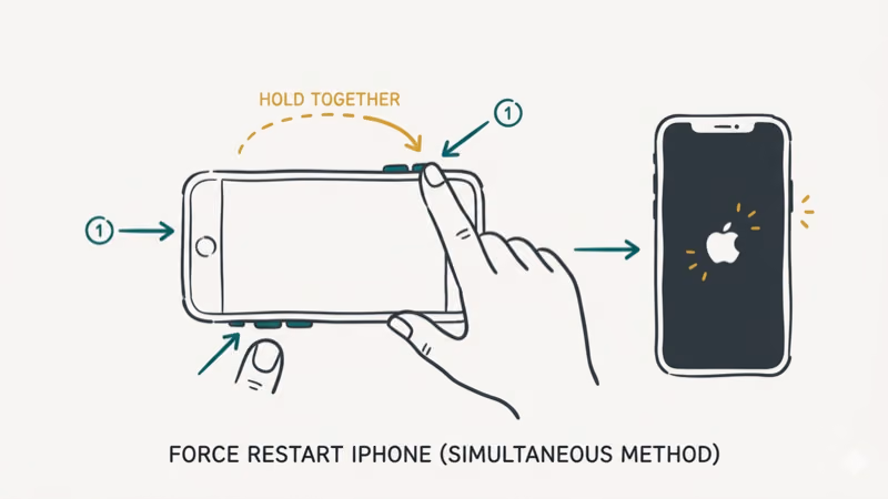 Hand pressing side and volume buttons on iPhone to force restart with arrow sequence