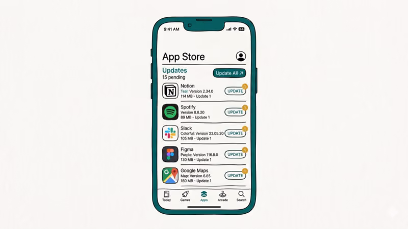 iPhone App Store screen showing multiple apps with update badges and Update All button