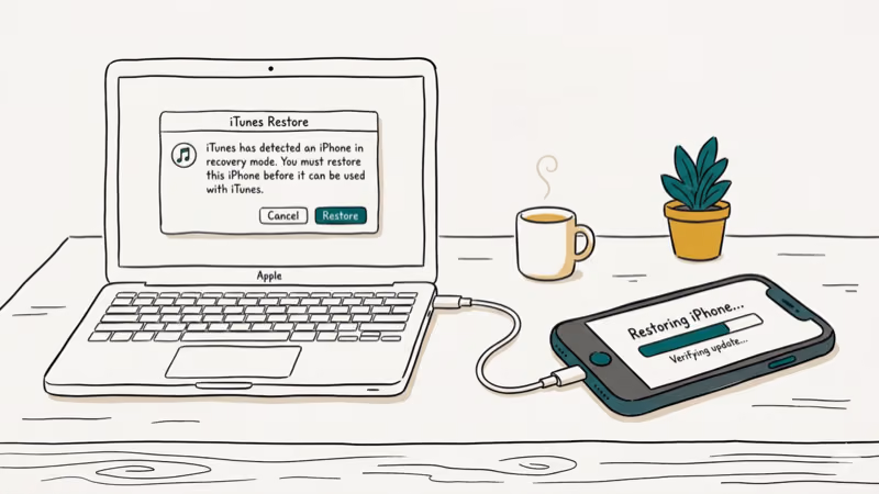 iPhone connected to laptop showing iTunes restore dialog with progress bar