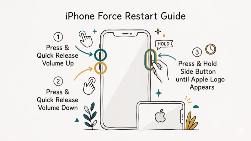 iPhone with Volume Up Down and Side buttons highlighted showing force restart sequence