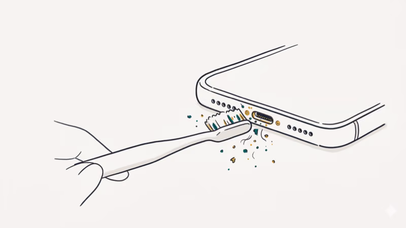 Soft toothbrush cleaning lint from iPhone Lightning port with debris being removed