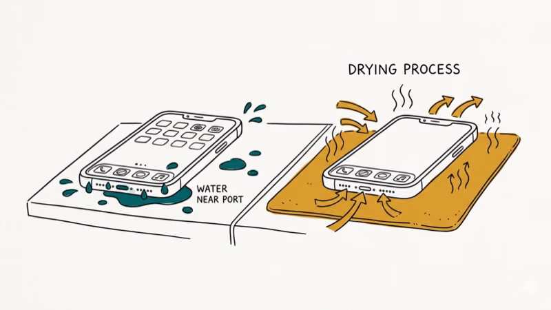 iPhone with water droplets near port placed on dry surface with airflow arrows