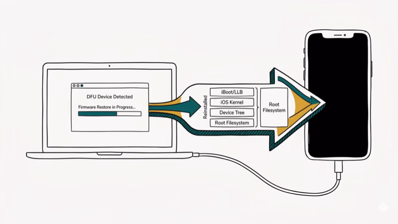 iPhone with black screen in DFU mode connected to computer with firmware reinstall arrow