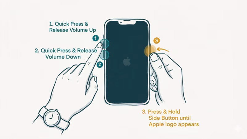 Hand performing force restart on iPhone pressing volume and side buttons with step numbers