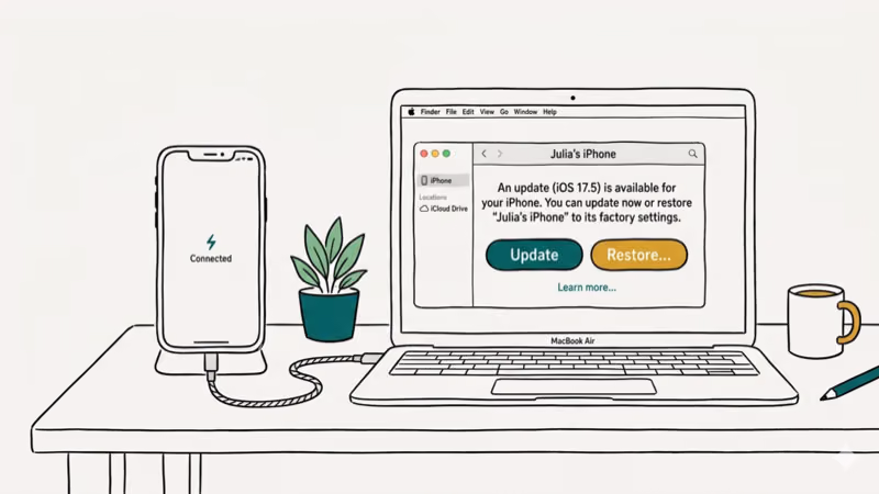 iPhone connected to Mac laptop with Finder showing Update and Restore buttons