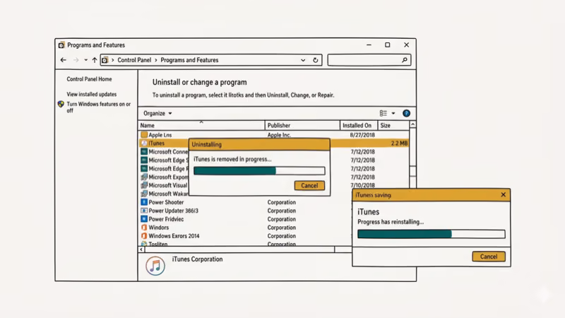 Windows Control Panel showing Programs and Features with iTunes being reinstalled