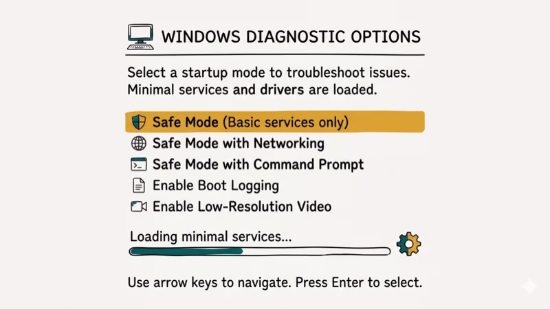 Windows Safe Mode boot screen with diagnostic options showing minimal services
