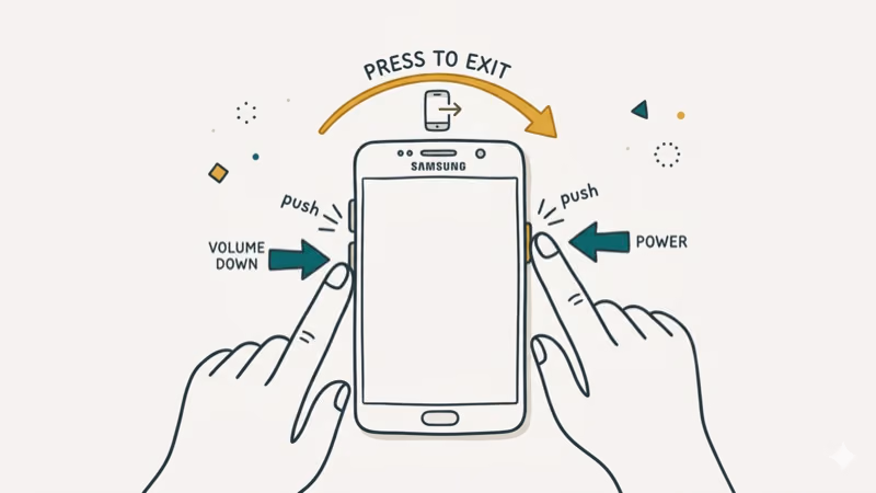 Samsung phone with hands pressing Volume Down and Power buttons to exit Odin Mode