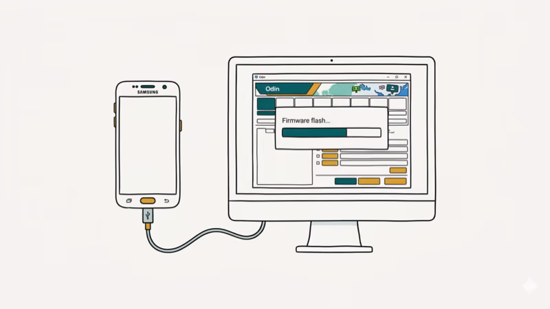 Samsung phone connected to PC via USB with Odin software showing firmware flash progress