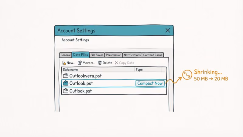 Outlook Account Settings dialog showing Compact Now button for PST data file