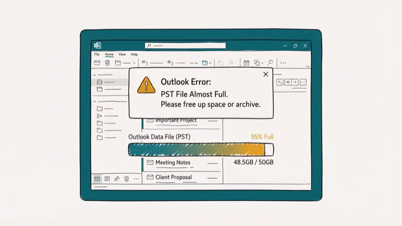 Computer screen showing Microsoft Outlook error dialog with PST file size meter nearly full