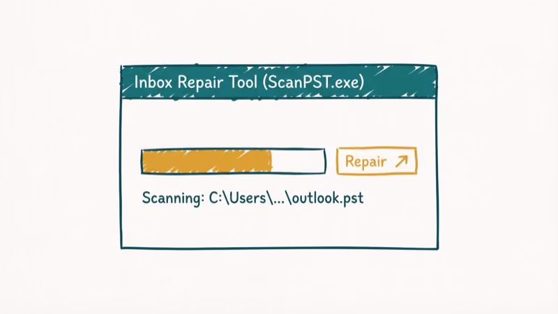 ScanPST inbox repair tool window running on Windows with progress bar and repair button