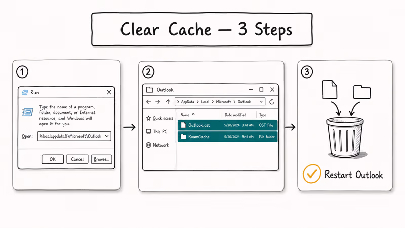 Three-step illustration of clearing the Outlook cache via local app data folder and restarting.