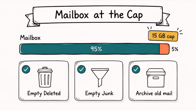 Hand-drawn storage bar showing Outlook mailbox at cap with three cleanup actions to free space.