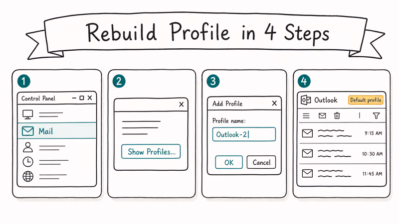 Four-step illustration of creating a new Outlook profile from the Control Panel Mail dialog.