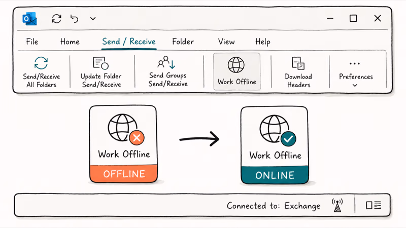 Hand-drawn Outlook ribbon mockup showing the Work Offline toggle in the Send and Receive tab.