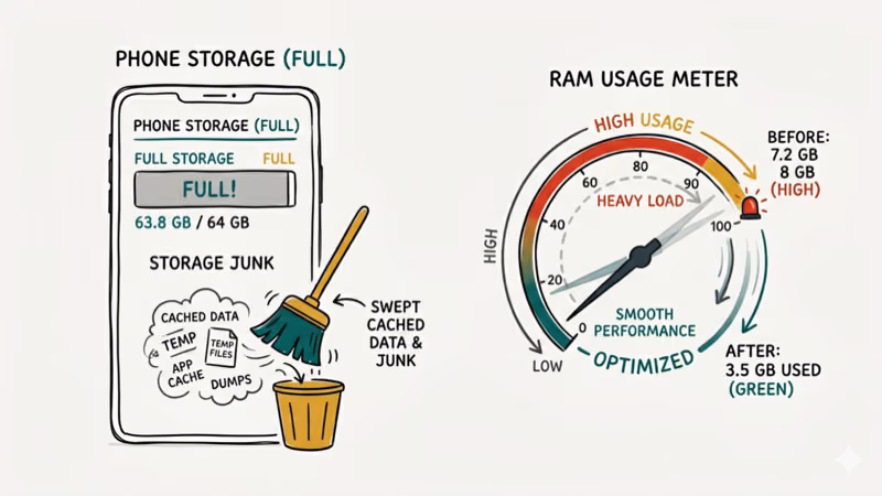 Phone storage bar and RAM usage meter showing cleanup process