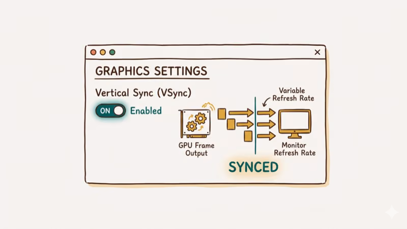 GPU settings panel with VSync toggle enabled and monitor refresh rate syncing