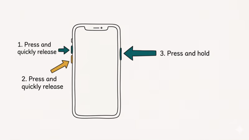 iPhone force restart button sequence showing volume up down and side button