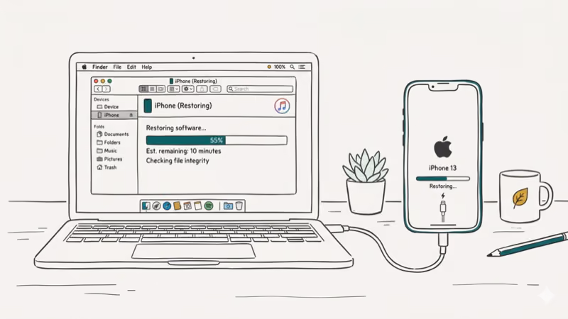 iPhone connected to laptop via cable with restore progress bar in Finder