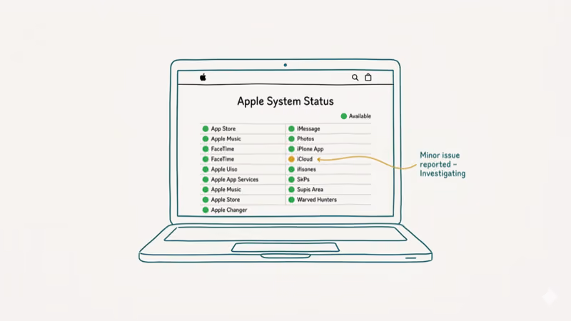 Apple System Status page on laptop with green and amber service indicators