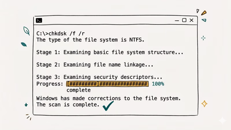 Windows command prompt running CHKDSK with disk repair progress indicator